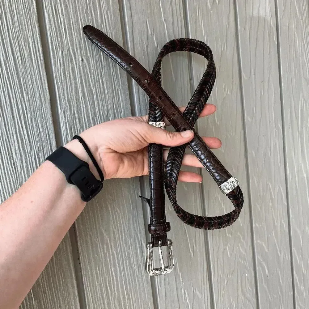 Brighton Braided Leather Belt L/34 Brown Croc Embossed w/ Silver Buckle